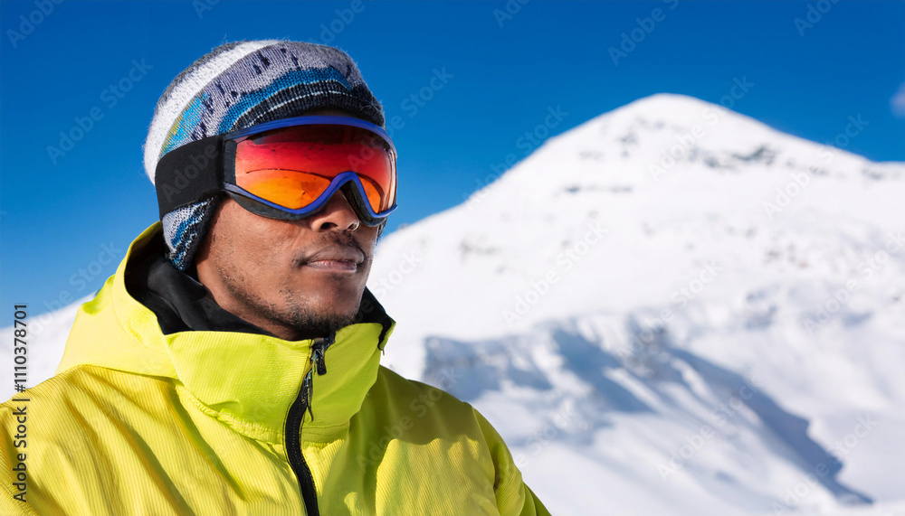Serious South American man wearing reflective ski goggles poses against a snowy mountain backdrop on a bright day Serious South American man wearing reflective ski goggles poses against a snowy mountain backdrop on a bright day