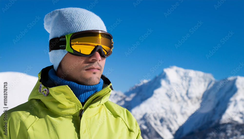 Serious South American man in reflective ski goggles and knitted hat against a bright snow-capped mountain backdrop