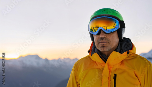 Serious South American man in reflective ski goggles stands against a mountain sunset backdrop while wearing a bright ski jacket