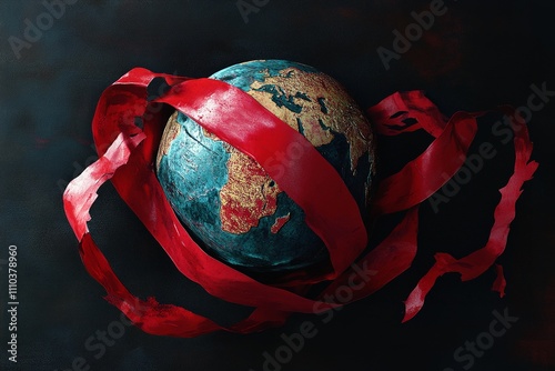 'World AIDS Day' Text with Artistic Globe Wrapped in a Red Ribbon, Symbolizing Global Solidarity photo