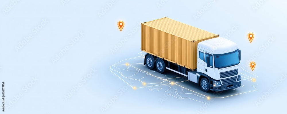 A stylized truck with a yellow container, surrounded by location pins, representing logistics and transportation. A stylized truck with a yellow container, surrounded by location pins, representing logistics and transportation.