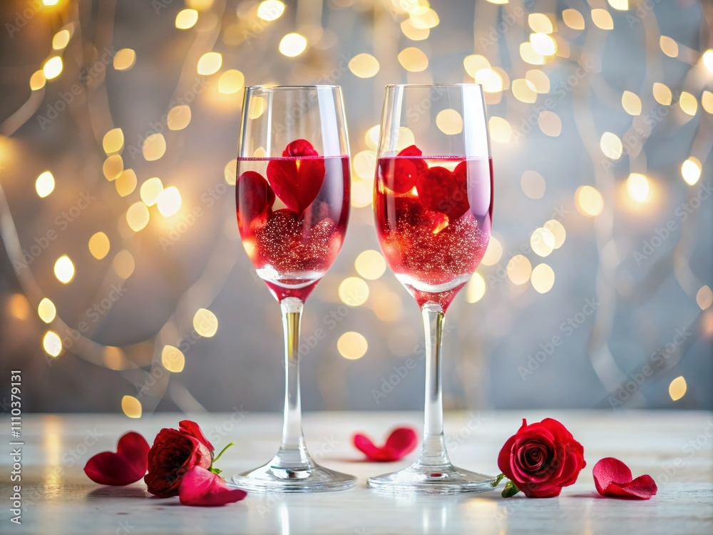 Romantic Valentine's Day Drinks in Sparkling Glasses Surrounded by Rose Petals and Heart-Shaped Stirring Sticks on a White Background with Bokeh Effect Romantic Valentine's Day Drinks in Sparkling Glasses Surrounded by Rose Petals and Heart-Shaped Stirring Sticks on a White Background with Bokeh Effect