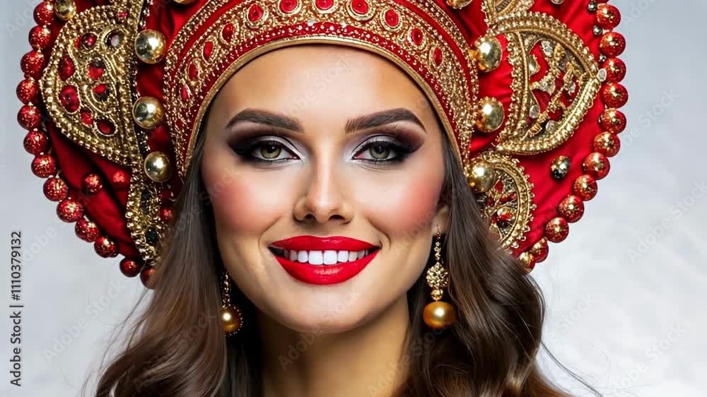 Smiling woman wearing a traditional Russian kokoshnik with ornate red and gold embellishments, showcasing cultural elegance and intricate craftsmanship 4K video