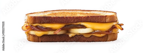 A gourmet grilled cheese sandwich with aged cheddar, caramelized onions, and sliced apples on sourdough bread