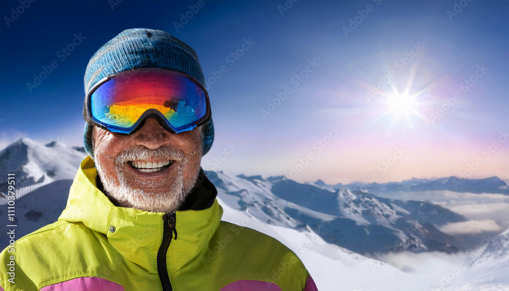 Smiling South American man wearing ski goggles enjoys a bright day on the slopes surrounded by stunning mountain views Smiling South American man wearing ski goggles enjoys a bright day on the slopes surrounded by stunning mountain views