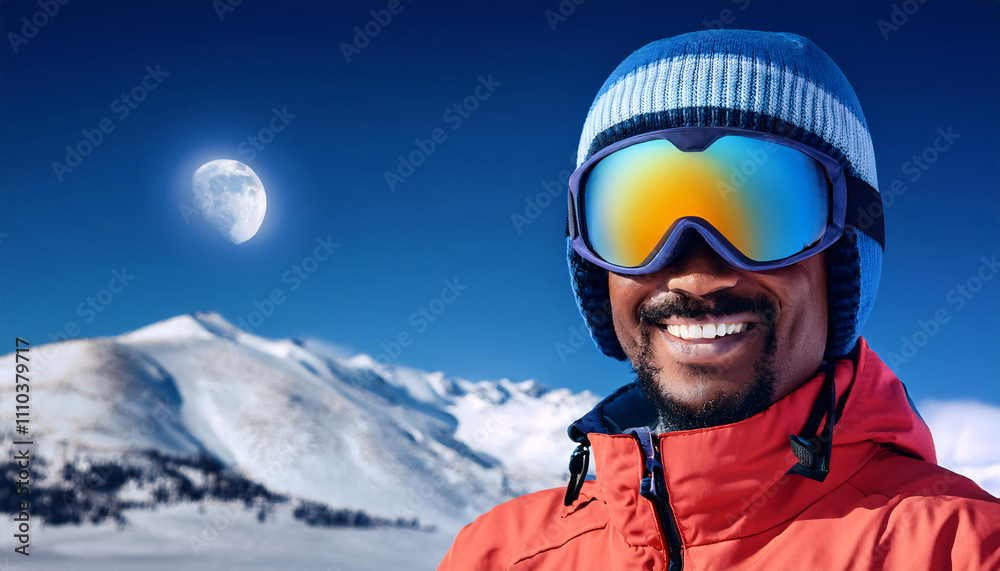 Smiling South American man in ski goggles enjoys winter activity in snowy mountains under a bright moon Smiling South American man in ski goggles enjoys winter activity in snowy mountains under a bright moon