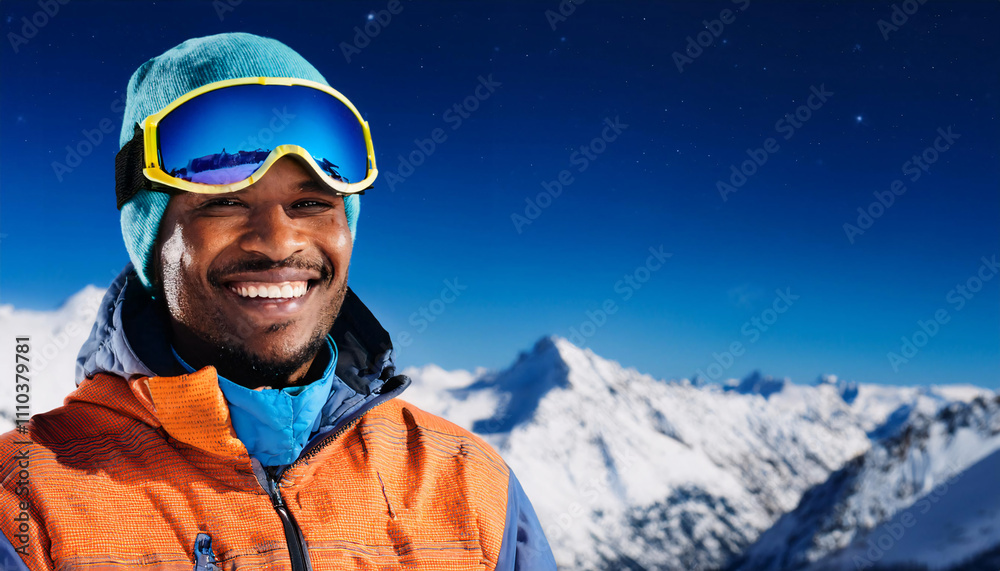Smiling South American man in bright winter gear and reflective ski goggles against snowy mountain backdrop