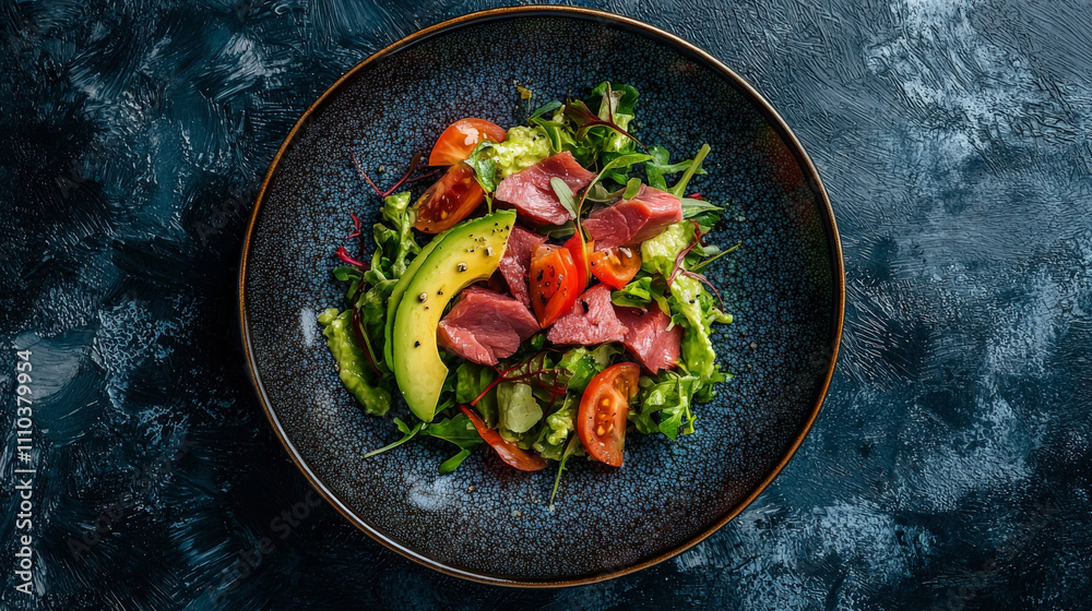 fresh and vibrant avocado tuna salad featuring greens, cherry tomatoes, and drizzle of dressing, perfect for healthy meal