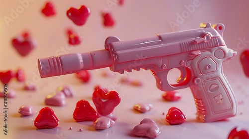 With little red hearts on a peach origin a pink toy hand cannon bomb photo