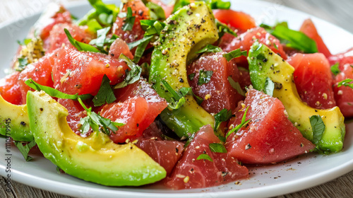 Fresh avocado and tuna salad with vibrant colors and herbs, perfect for healthy meal. This dish combines creamy avocado with tender tuna and fresh vegetables, creating delightful taste experience