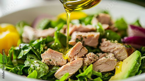Fresh avocado tuna salad drizzled with olive oil, featuring vibrant greens and colorful vegetables. healthy and delicious meal option