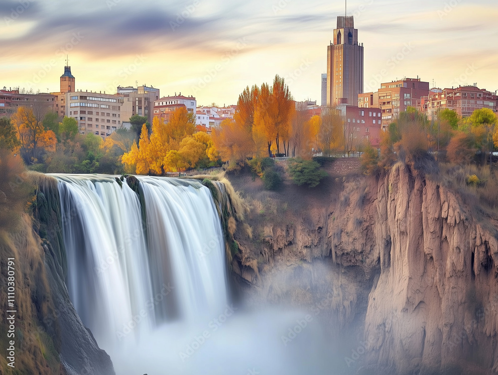 Urban Oasis: Majestic Waterfall Cascades Before City Skyline at Sunset Urban Oasis: Majestic Waterfall Cascades Before City Skyline at Sunset
