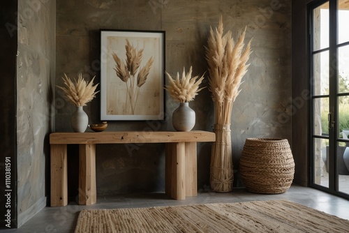 Minimalist, rustic interior design of modern living room. Corner sofa with grey and fur pillows near fireplace, nd abstract art in a warm, welcoming space photo