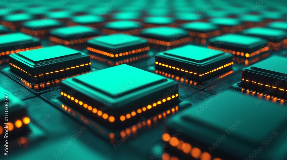 sustainability concept. Futuristic close-up of glowing microchips on a circuit board. sustainability concept. Futuristic close-up of glowing microchips on a circuit board.