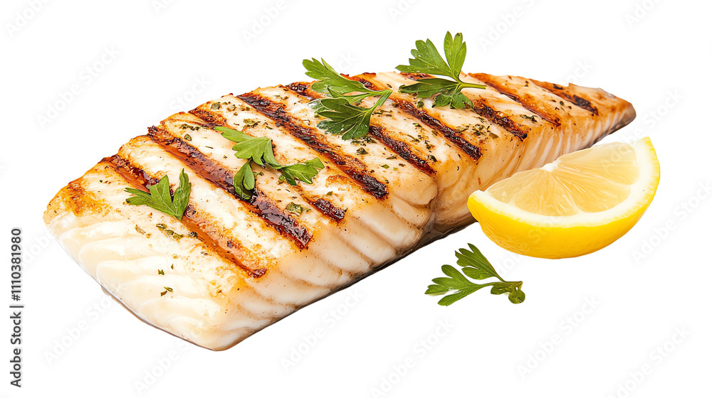 Grilled fish fillet with lemon and herbs, white isolate background Grilled fish fillet with lemon and herbs, white isolate background