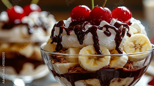 Delicious Banana Split Dessert With Cherries And Chocolate photo