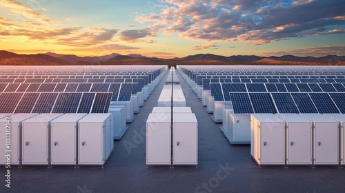 Wallpaper Mural sustainability concept. Vast solar farm at sunset with solar panels and storage units. Torontodigital.ca