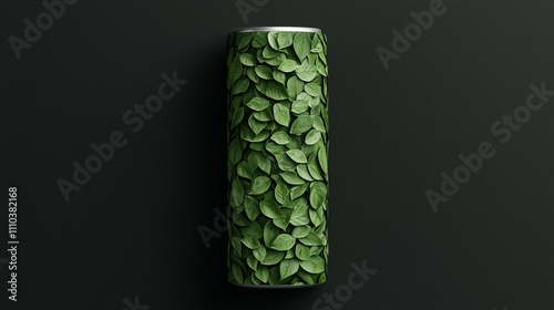 sustainability concept. Green cylinder with leaf texture on a dark background.