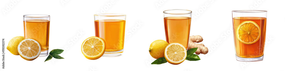 Ginger tea with lemon slice in transparent glass on a white background Healthy hot aromatic drink wellness and nutrition concept Flat lay top view with copy space Ginger tea with lemon slice in transparent glass on a white background Healthy hot aromatic drink wellness and nutrition concept Flat lay top view with copy space