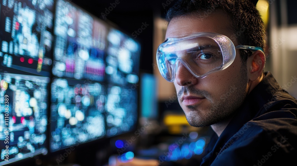 Engineer technician working on high-tech systems in a control room capturing the essence of innovation and safety Engineer technician working on high-tech systems in a control room capturing the essence of innovation and safety