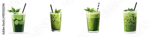 Refreshing iced matcha latte beverage with a frothy texture and vibrant green color garnished with fresh mint leaves in a contemporary minimalist glass setting This healthy