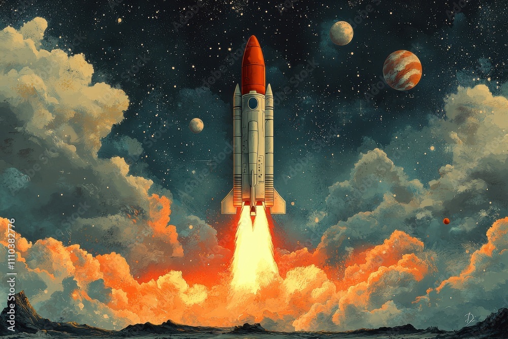 Fototapeta premium Art deco rocket launching into space with planets and clouds