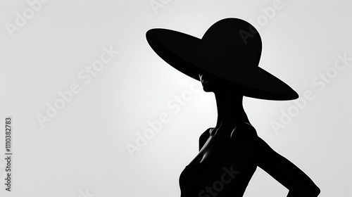 A woman wearing a wide-brimmed hat, set against a clean, minimalistic white background, The hat, oversized and dramatic, casts a shadow over the figure's face, creating an aura of mystery and elegance