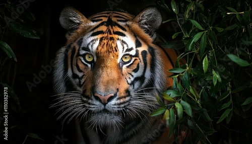 Close-up of a tiger's face with striking amber eyes, looking directly at the viewer. The tiger is camouflaged in the shadows, with only its face and a few stripes visible, creating a sense of mystery 