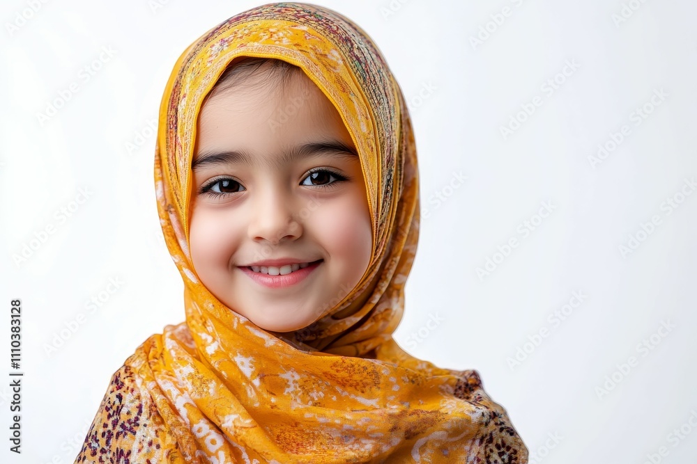 Smiling girl wearing patterned yellow head covering. Smiling girl wearing patterned yellow head covering.