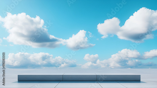 A podium with clean lines and copy space, set against a beach backdrop, The sky is a brilliant blue with scattered white clouds, creating a perfect day for a product presentation
