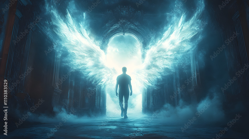 A man standing in the dark with his back to the viewer, illuminated by a radiant cross glowing in the distance, symbolizing hope, faith, and spiritual guidance amidst the shadows. The minimalist compo A man standing in the dark with his back to the viewer, illuminated by a radiant cross glowing in the distance, symbolizing hope, faith, and spiritual guidance amidst the shadows. The minimalist compo