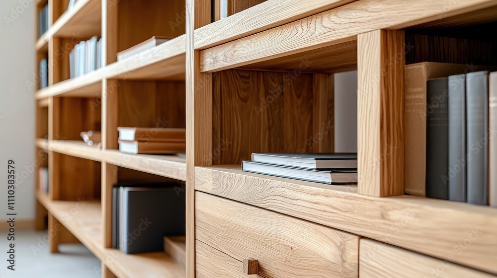 A modern wooden bookshelf with neatly arranged books, showcasing a minimalist design and natural materials for a stylish and organized look. A modern wooden bookshelf with neatly arranged books, showcasing a minimalist design and natural materials for a stylish and organized look.