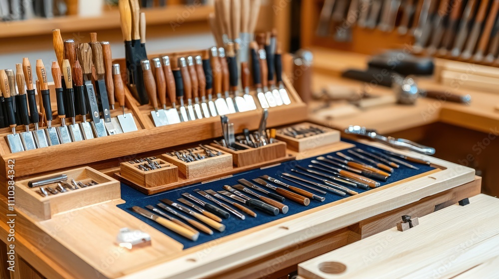A well-organized collection of woodworking tools displayed on a wooden workbench, showcasing precision instruments for crafting. A well-organized collection of woodworking tools displayed on a wooden workbench, showcasing precision instruments for crafting.