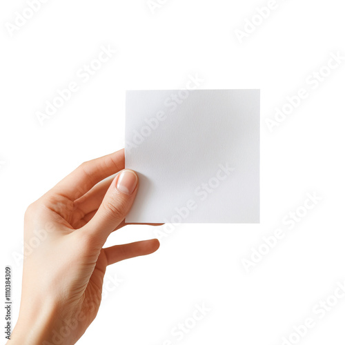 Hand holding a blank white card against a transparent background. Mockup template for greeting cards and invitations.