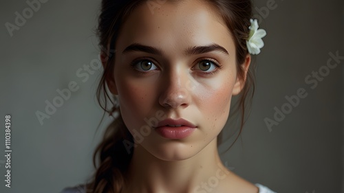 Captivating beauty, ultra-realistic portrait of a 22-Year-old woman, young Caucasian woman with long dark hair, blue eyes, natural makeup, transformative beauty and radiant woman.