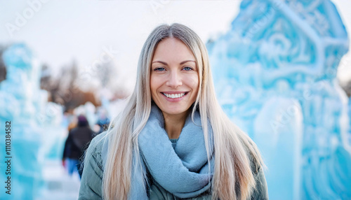 Portrait of a woman with frost tipped hair smiling in front of a stunning ice sculpture display at a winter festival photo