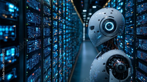 A robotic trading assistant connected to custom APIs for advanced market operations Stock Photo with side copy space