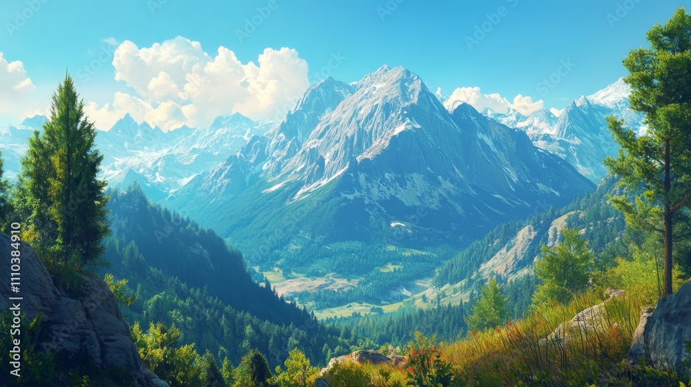 Fototapeta premium Mountain landscape with a clear blue sky, photorealistic style, emphasizing the sharp details and vibrant colors. 