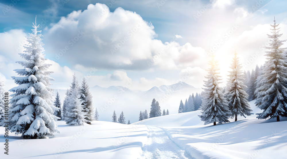 Snowy winter landscape, bright sunlight, pine trees, serene mountain view, atmospheric photography, copy space Snowy winter landscape, bright sunlight, pine trees, serene mountain view, atmospheric photography, copy space