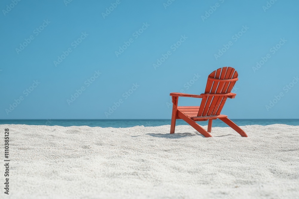 Tranquil Beach Scene with Red Chair and Blue Sky Tranquil Beach Scene with Red Chair and Blue Sky