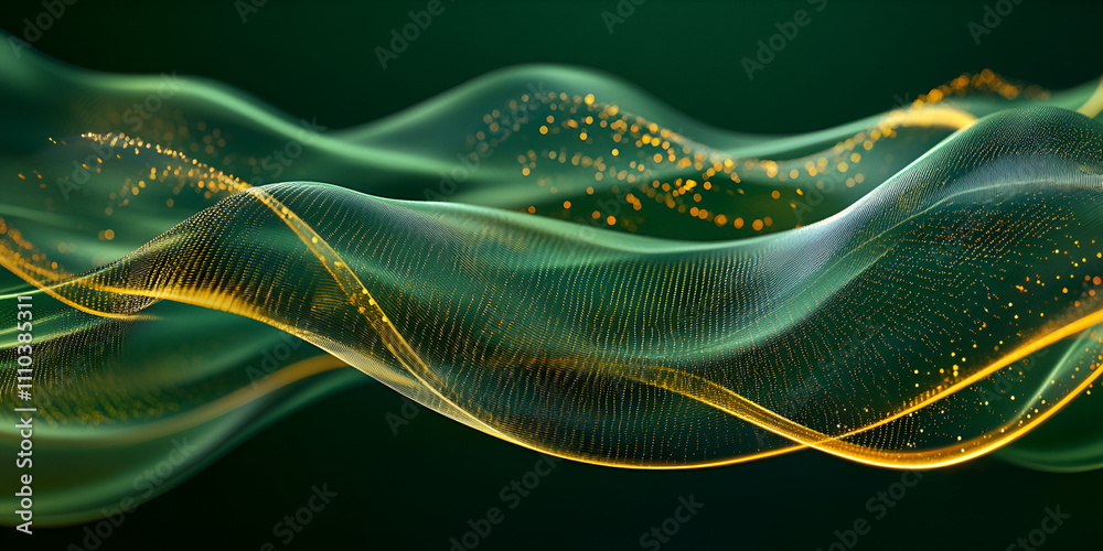 Fototapeta premium Abstract Green Wave with Golden Particles 