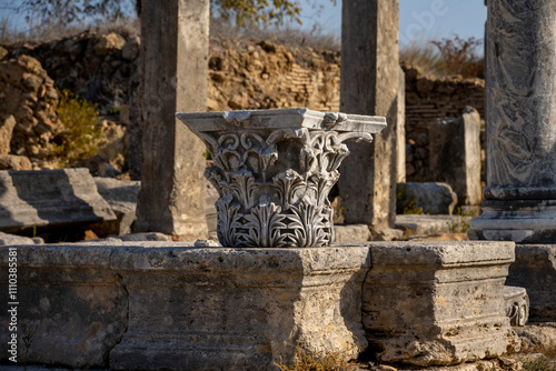 Rows of columns in Perge, Antalya, Turkey. Remains of colonnaded street in Pamphylian ancient city.Rows of columns in Perge, Antalya, Turkey. Ancient Kestros Fountain. Aksu, Antalya photo