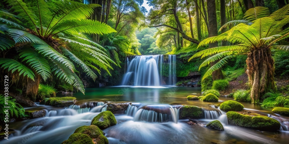 Serene Long Exposure of Lush Pteridophytes in a Tranquil Forest Setting, Capturing the Movement of Waterfall and Foliage for Nature Enthusiasts and Botanists Serene Long Exposure of Lush Pteridophytes in a Tranquil Forest Setting, Capturing the Movement of Waterfall and Foliage for Nature Enthusiasts and Botanists