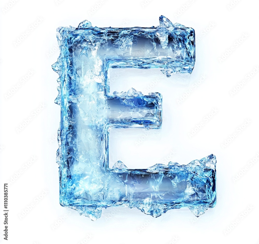 Letter E frozen in ice isolated on white background. 3d Ice lettering. Letter E frozen in ice isolated on white background. 3d Ice lettering.