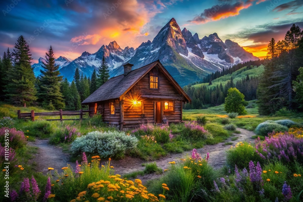 Fototapeta premium Serene Low Light Photography of a Rustic Cabin Nestled in a Lush Valley Surrounded by Majestic Mountains at Dusk with Stars Beginning to Appear in the Night Sky