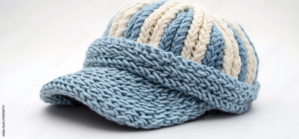 Blue and white striped knitted cap with a visor. Blue and white striped knitted cap with a visor.