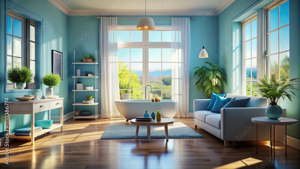 Fototapeta premium Serene Modern Room with Blue Window Light Creating a Calming Atmosphere in a Contemporary Interior Design Setting