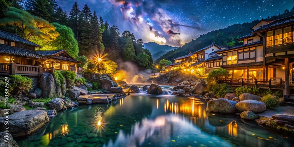 Fototapeta premium Serene Night Photography of Takaragawa Onsen in Gunma, Japan Featuring Tranquil Hot Springs, Starry Skies, and Natural Surroundings for a Peaceful Escape