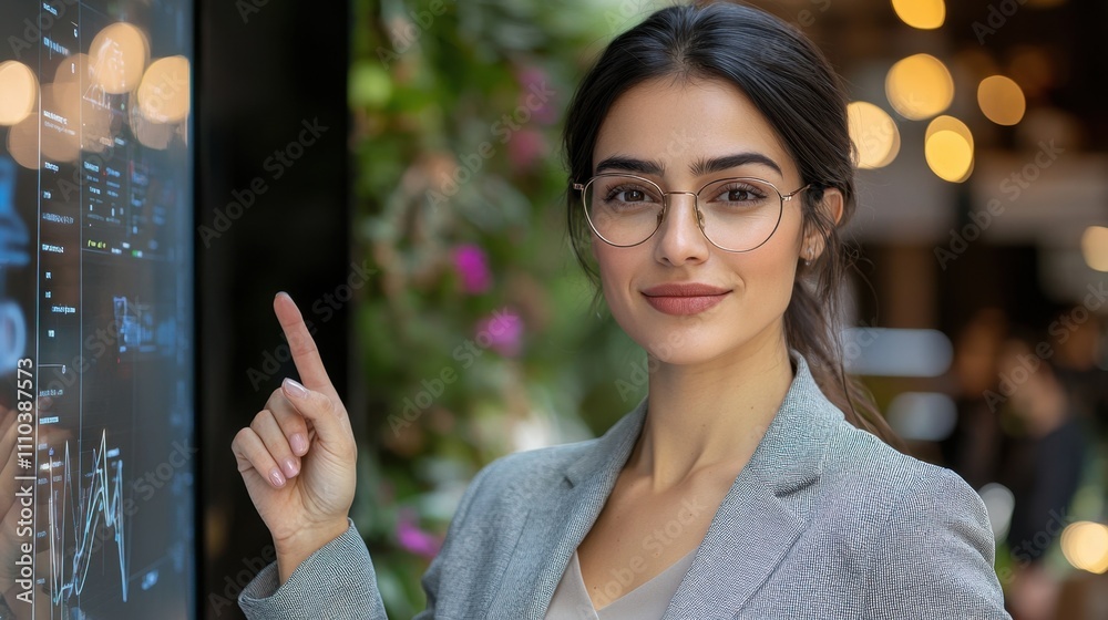 Professional Woman Engaging with Interactive Digital Display in Modern Business Environment Professional Woman Engaging with Interactive Digital Display in Modern Business Environment
