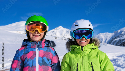 Wallpaper Mural Two cheerful South American children wearing reflective ski goggles smile against a snowy mountain backdrop during an outdoor winter adventure Torontodigital.ca